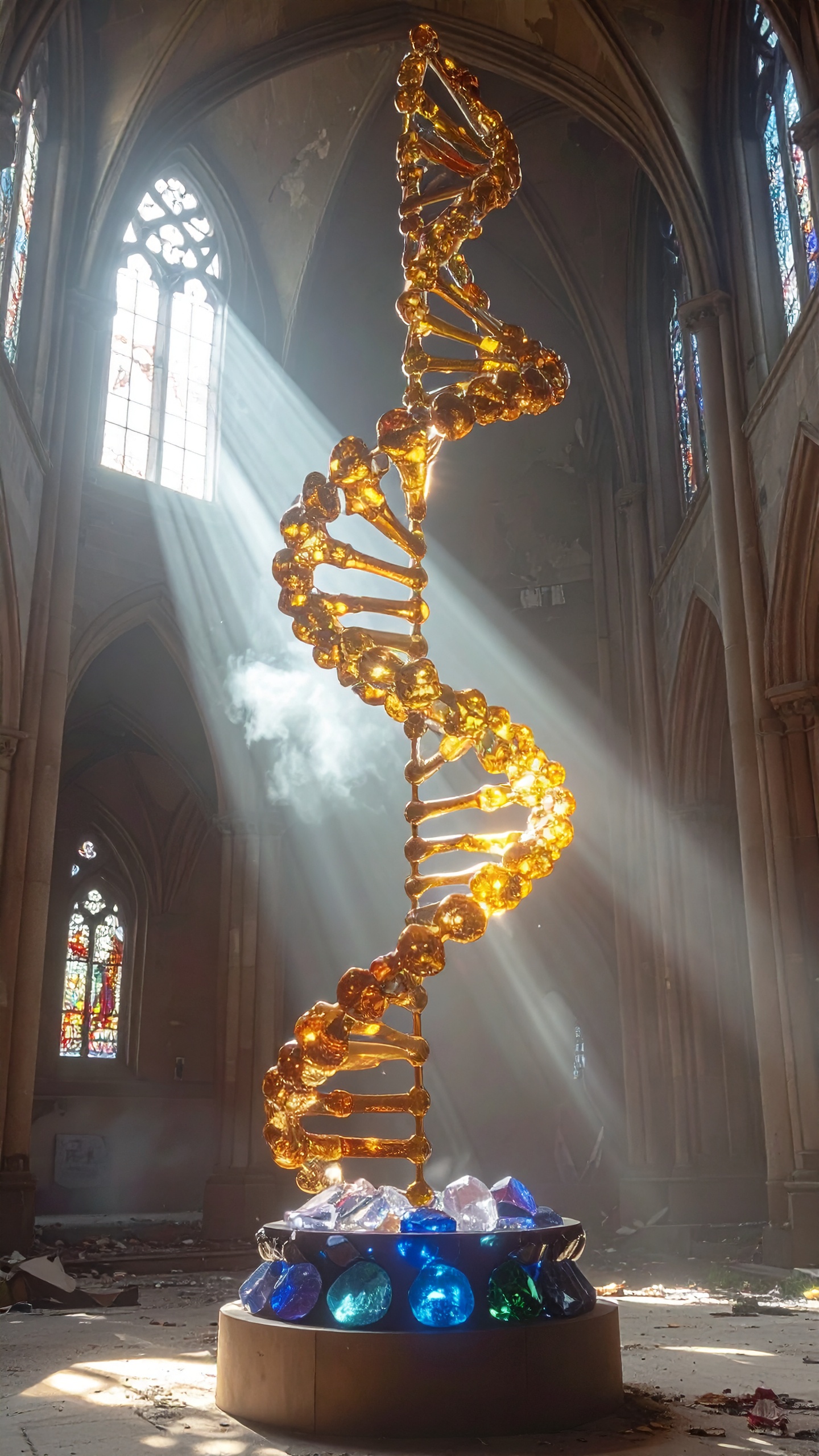 A stunning golden DNA sculpture is illuminated by sunbeams in a gothic cathedral setting