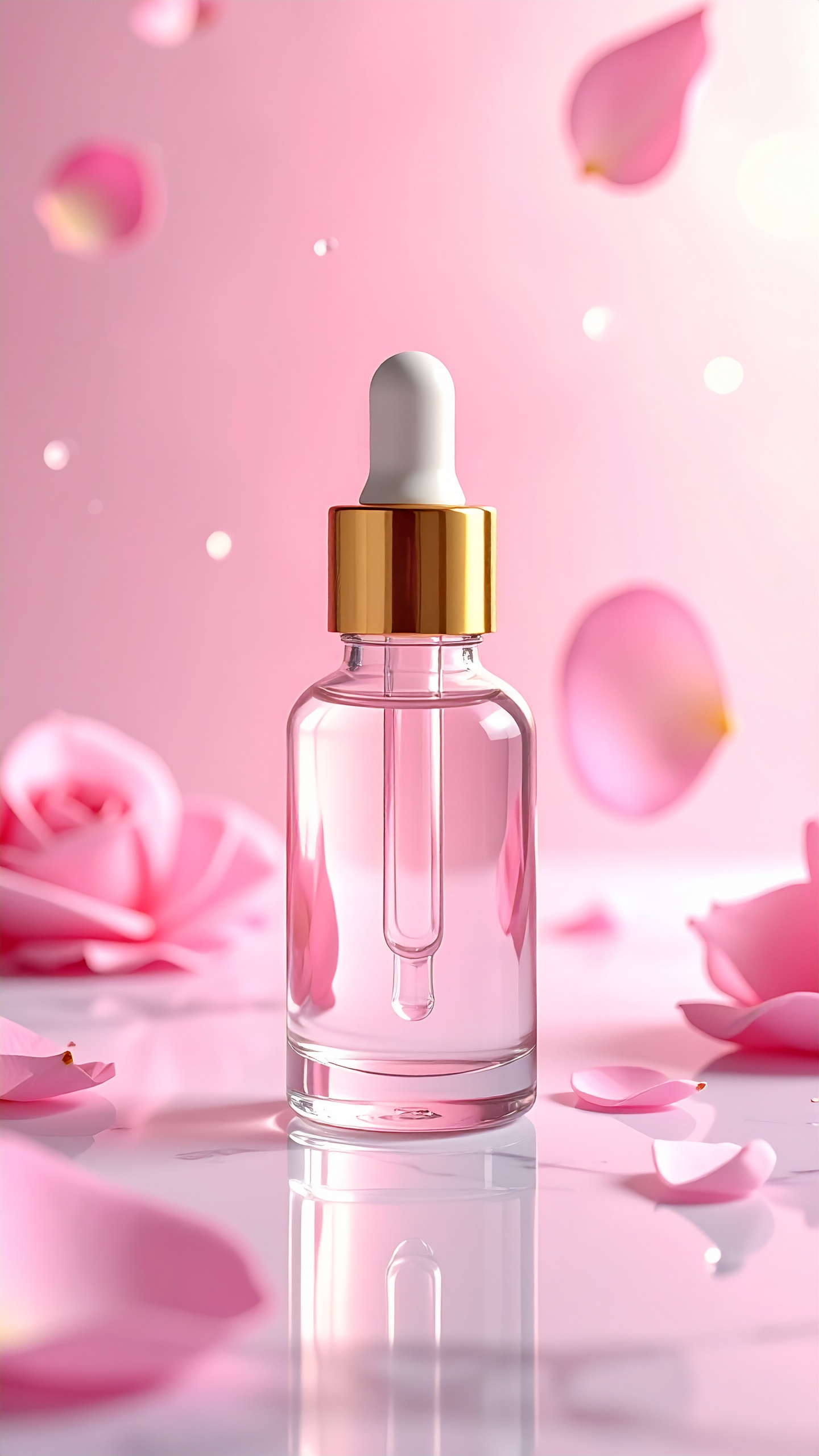 Frasco de vidro com conta-gotas dourado em fundo rosa suave e pétalas ao redor. Ideal para armazenar óleos essenciais, soros faciais e outros produtos de beleza. Destaca-se pelo design elegante e minimalista, complementado por pétalas de rosa flutuantes que sugerem frescor e sofisticação. Perfeito para uso em ambientes de cuidados pessoais ou exibições em lojas. O contraste entre o vidro transparente e o dourado adiciona um toque de luxo ao produto.