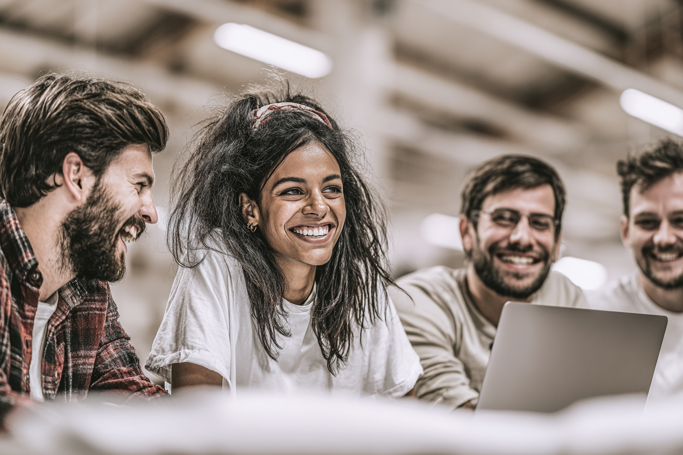 Grupo de pessoas sorrindo em um ambiente de trabalho colaborativo, cercados por laptops. A iluminação suave destaca a atmosfera alegre e amigável. A composição foca nos rostos, captando a interação e o entusiasmo do grupo. O fundo desfocado sugere um ambiente de escritório moderno.