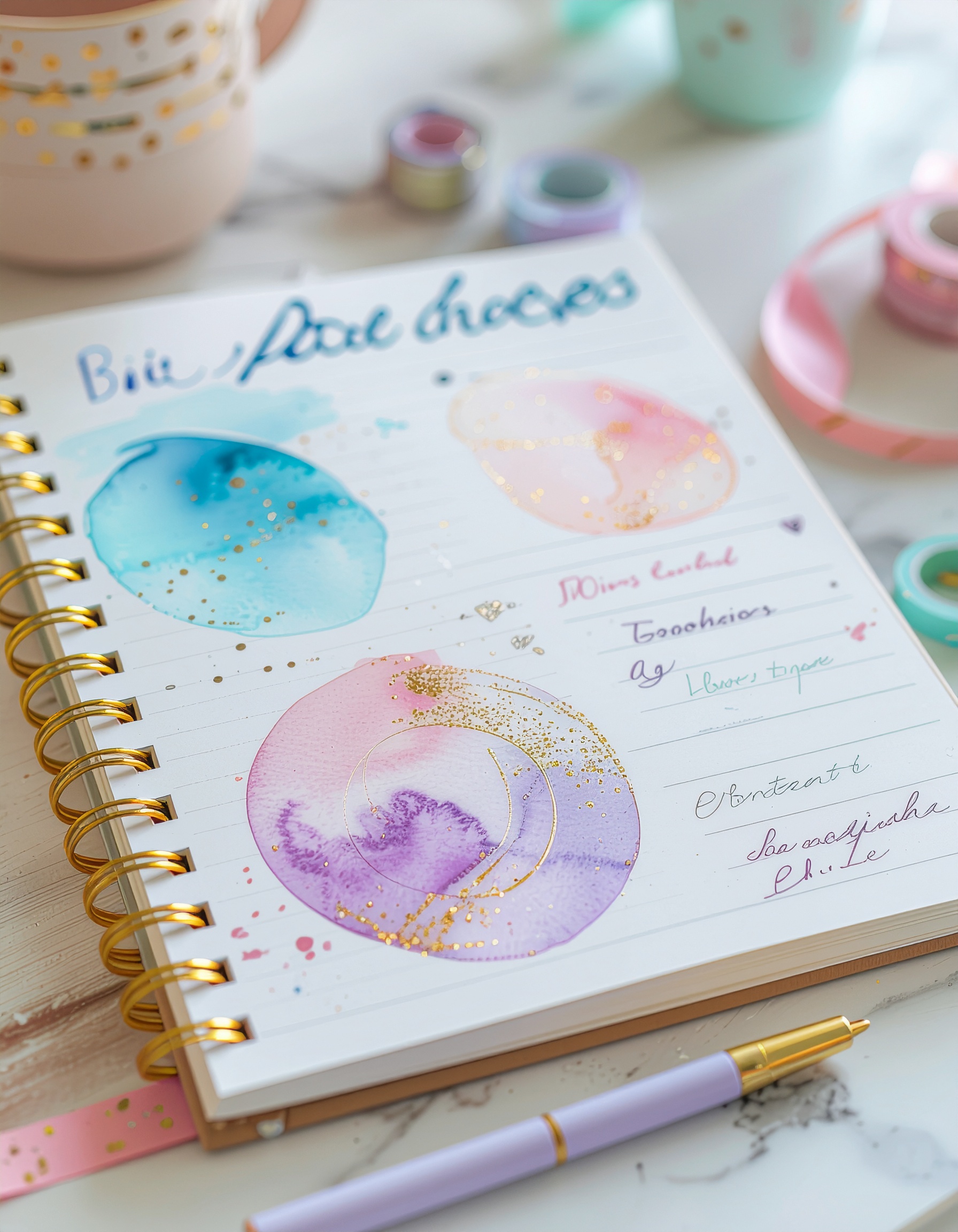 Caderno aberto com espiral dourada, exibindo design artístico de aquarela em tons de azul, rosa e roxo, com detalhes dourados. A composição é suave e iluminada, destacando harmoniosamente os materiais de papelaria ao redor, como caneta lilás e fitas adesivas coloridas, em um ambiente de estudo ou criatividade.