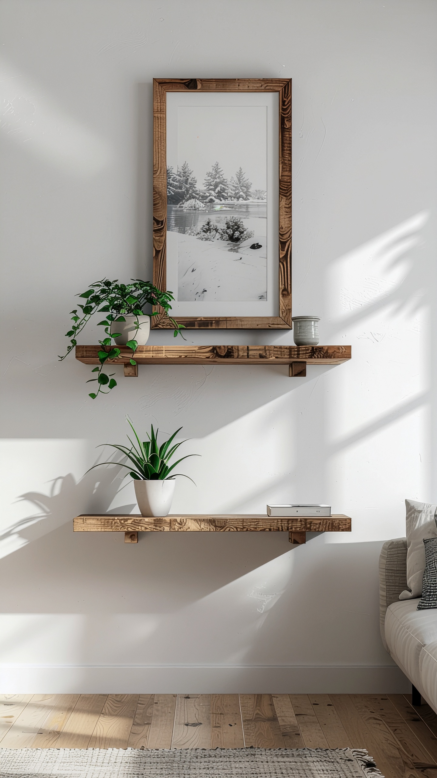 Imagem de uma parede com duas prateleiras de madeira, decoradas com plantas em vasos brancos e um quadro de paisagem invernal. A iluminação suave cria sombras intrigantes no ambiente minimalista de cores neutras e piso de madeira clara.
