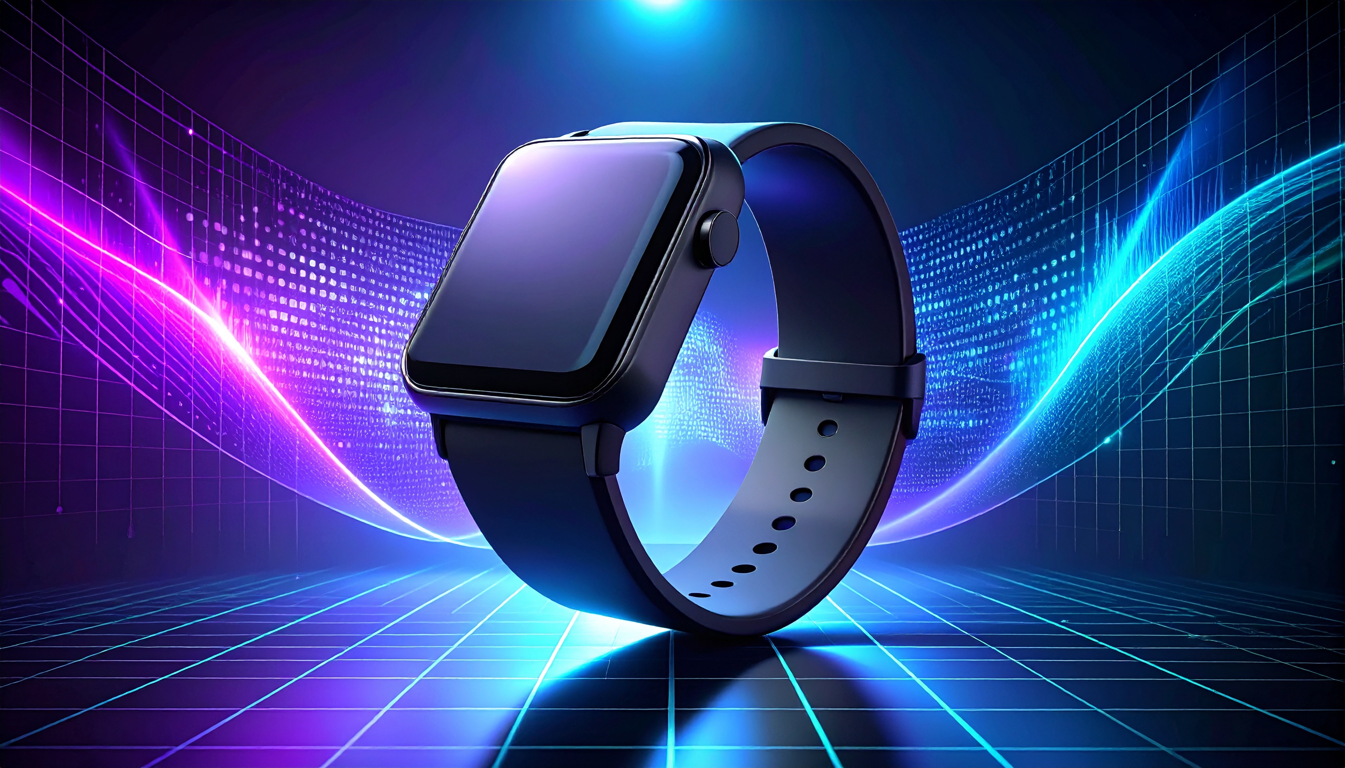 Relógio inteligente moderno em um cenário futurista com luzes neon. Ideal para quem busca tecnologia de ponta em acessórios pessoais. O design elegante com tela quadrada destaca-se contra o fundo digital vibrante. Perfeito para uso diário, monitoramento de atividades físicas e conectividade. Combina inovação e estilo para um público moderno e dinâmico.