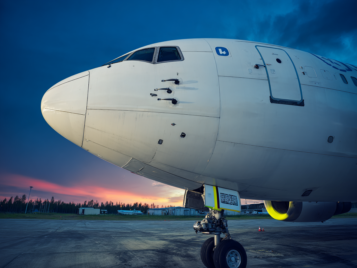 Close-up view of an airplane nose with a detailed perspective of the cockpit area and landing gear, set against a dramatic sunset sky. The aircraft features visible maintenance details, showcasing its structural design and engineering.