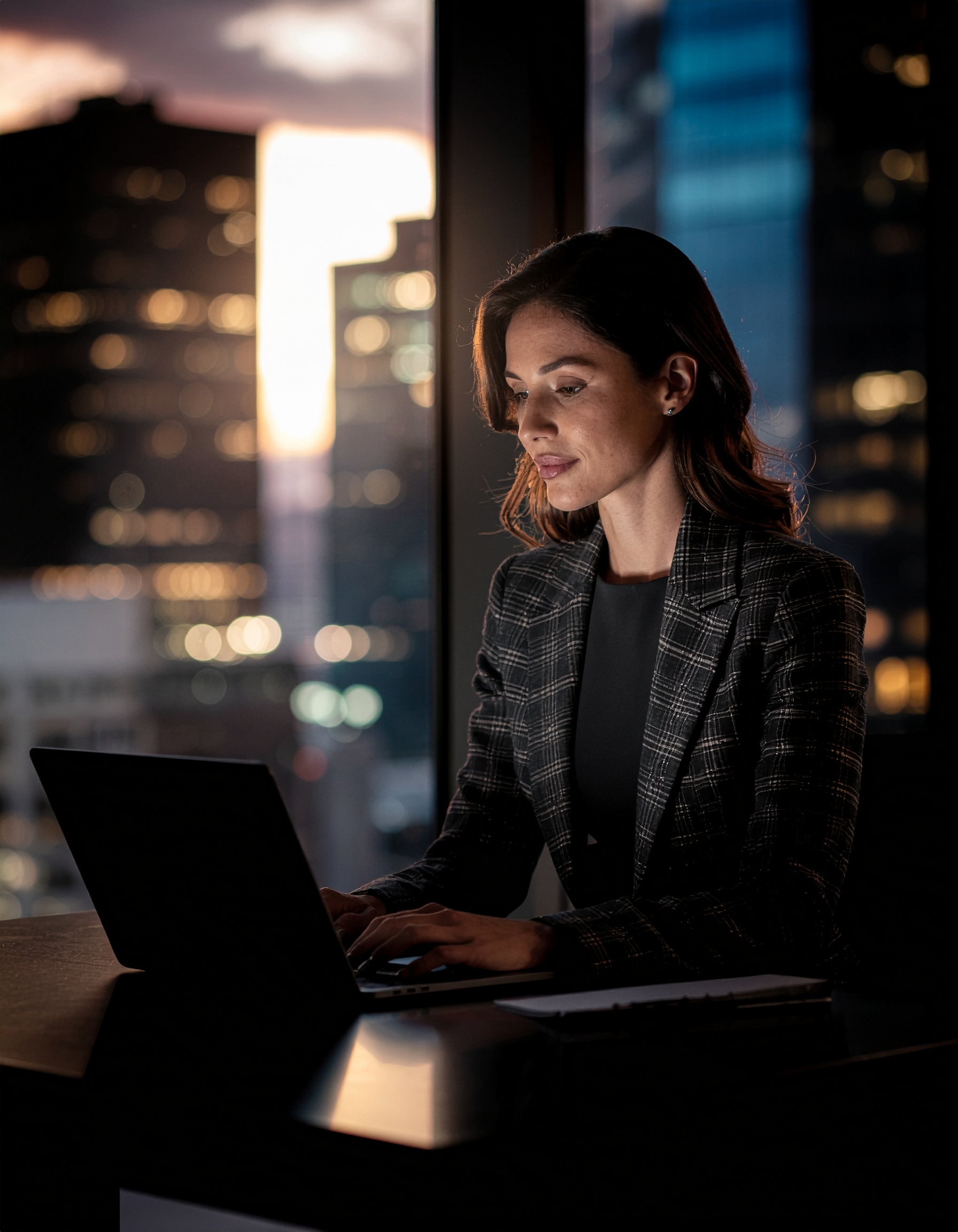 Mulher trabalhando em um laptop em escritório moderno com vista para a cidade ao entardecer. A luz suave do pôr do sol cria uma atmosfera de concentração e tranquilidade, destacando o ambiente corporativo e profissional.