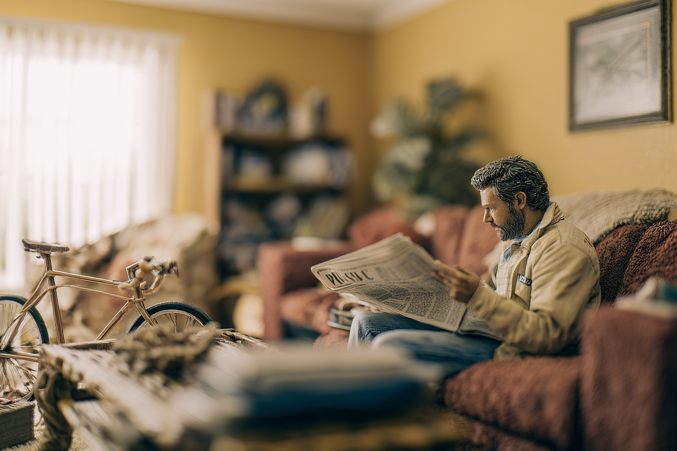 Um homem sentado em um sofá vermelho em uma sala de estar iluminada pela luz do dia, lendo um jornal. Ao seu lado, uma bicicleta miniatura está em uma mesa de centro. A decoração é acolhedora, com paredes amarelas e móveis de madeira. A profundidade de campo desfocada destaca o foco no homem, criando uma atmosfera serena e doméstica.