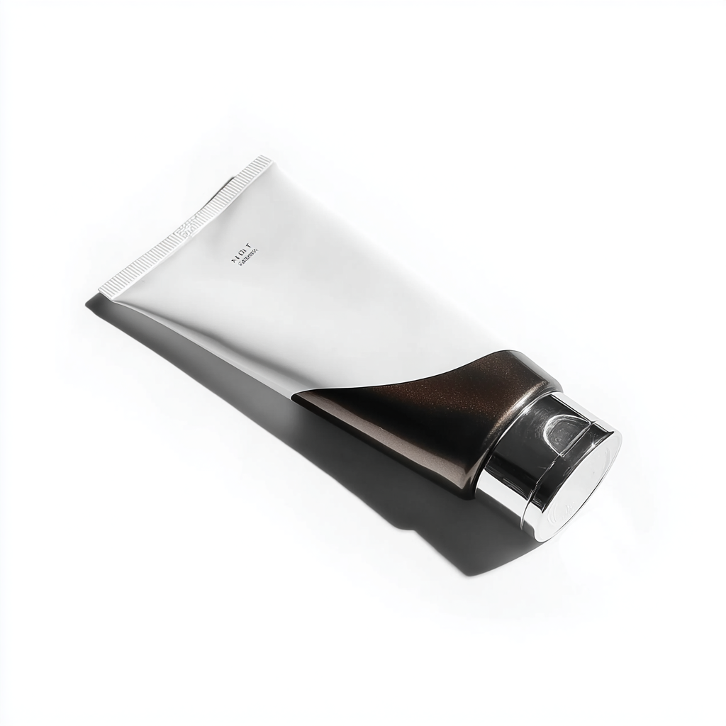 Embalagem de creme em tubo prateado e marrom, destacada por uma iluminação suave que projeta sombra nítida em fundo branco minimalista, ângulo levemente inclinado enfatizando a textura metálica e o design elegante.