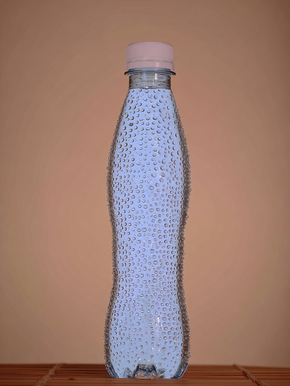 Garrafa de plástico transparente com gotas de água, sobre fundo bege suave, destacando textura ondulada e tampa rosa clara, iluminação suave criando atmosfera calma.