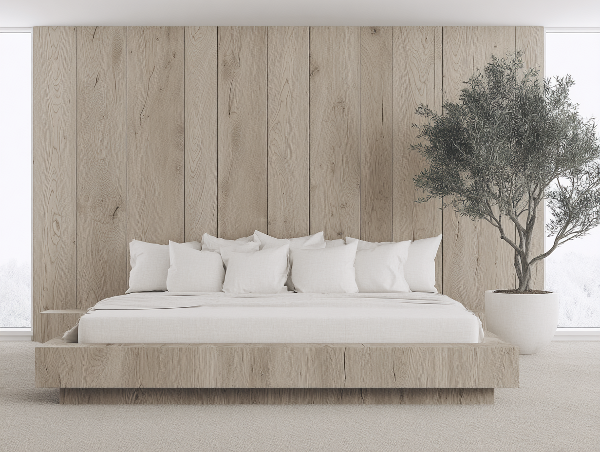 Quarto minimalista com cama de madeira clara e lençóis brancos, cercada por uma parede de painéis de madeira. À direita, um vaso grande abriga uma árvore de interior, adicionando um toque de natureza. A iluminação suave cria uma atmosfera serena e acolhedora, destacando a textura dos materiais. A composição é simétrica e organizada, com foco principal na cama centralizada.
