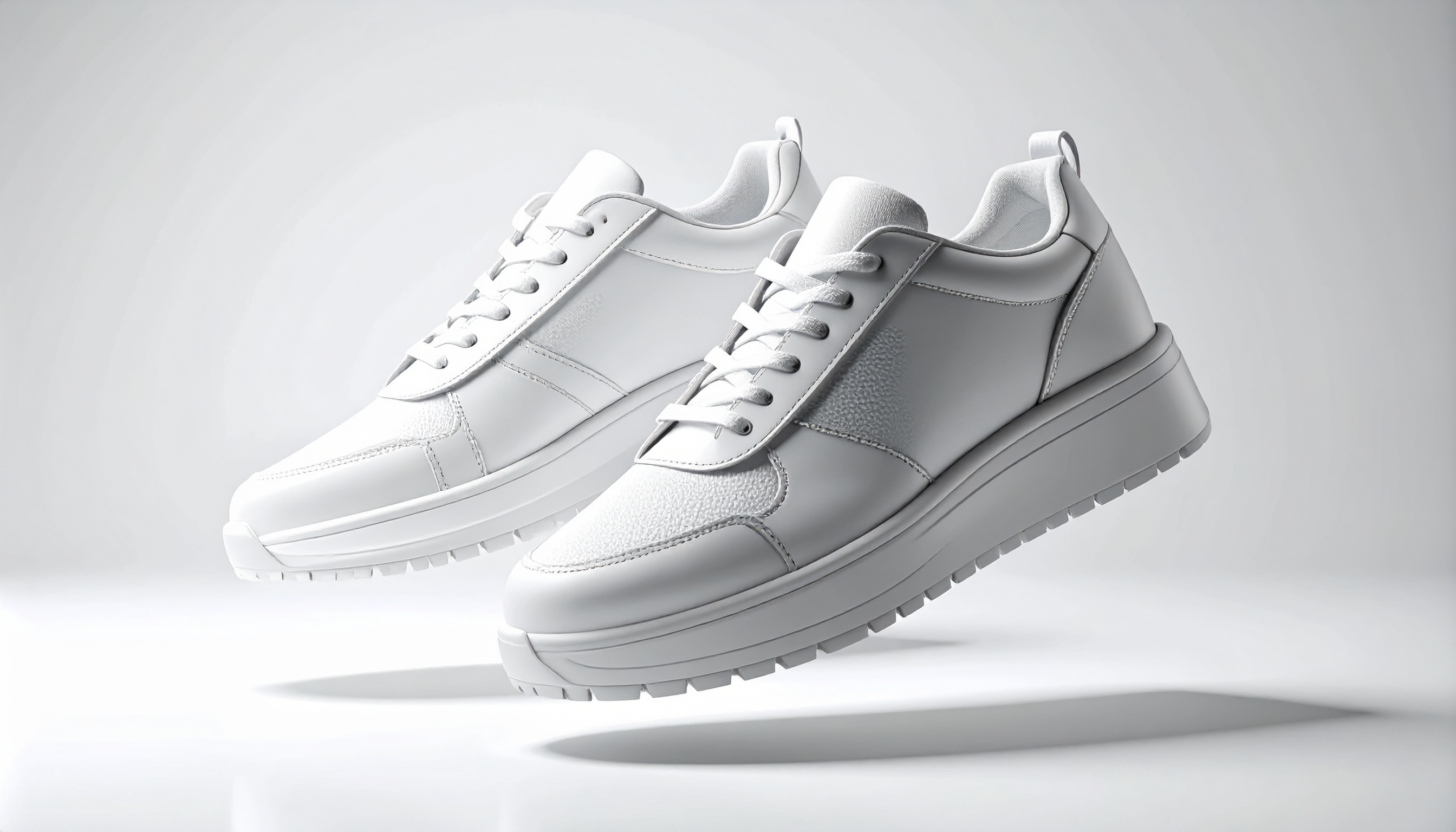 Par de tênis brancos flutuando em fundo claro com iluminação suave, destacando o design moderno e minimalista. O foco é nítido nas texturas do couro e dos cadarços, criando uma sensação de leveza e elegância. A composição simétrica e o ângulo ligeiramente inclinado adicionam dinamismo à imagem.