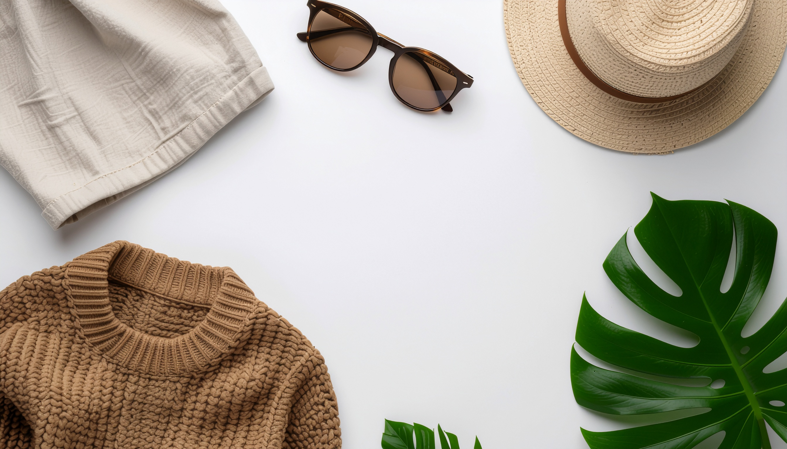 Composição minimalista com elementos de moda e natureza sobre fundo claro, destacando chapéu de palha texturizado, óculos de sol elegantes, suéter marrom tricotado e folhas verdes vibrantes, criando contraste harmônico.