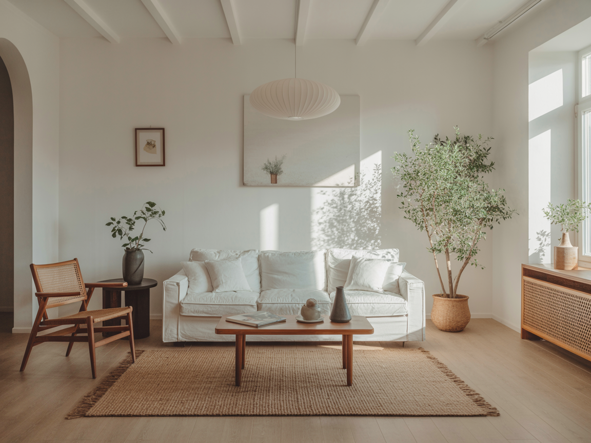 A stylish living room showcases Scandinavian design with minimalist elements