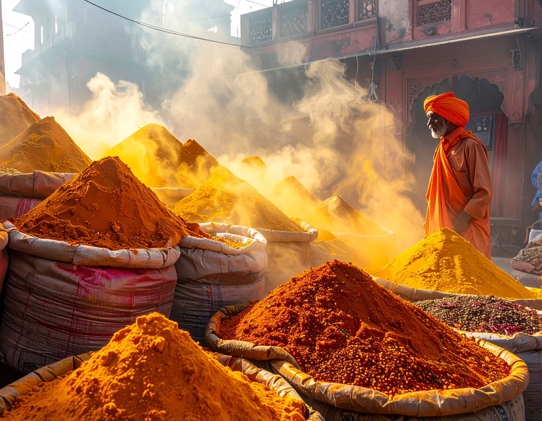 Vibrant spices piled in colorful heaps at a bustling market, surrounded by a warm, golden glow