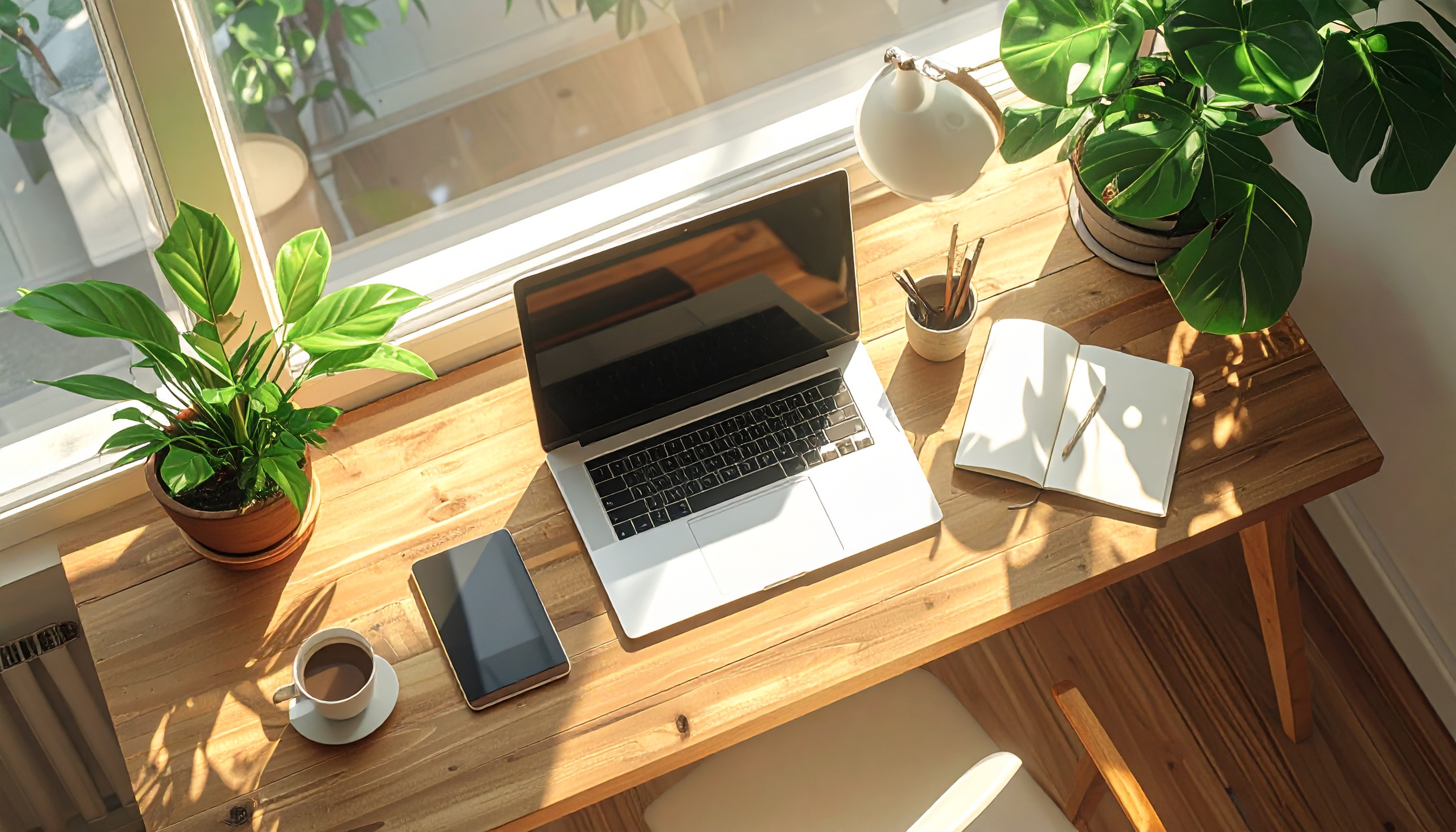 Bright Office with Wooden Desk and Laptop
