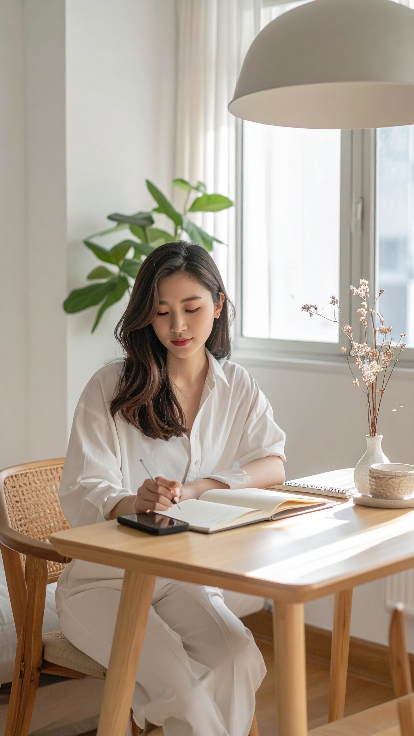 A woman in a white outfit is sitting at a wooden table, writing in a notebook