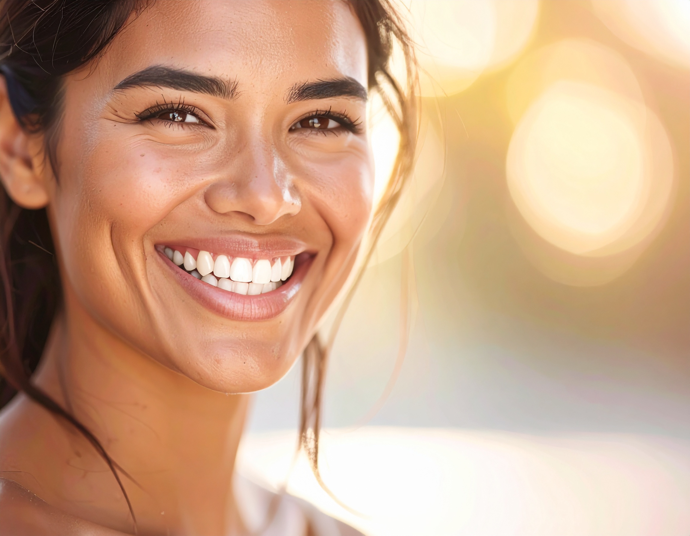 A radiant smile against a warm, sunlit background