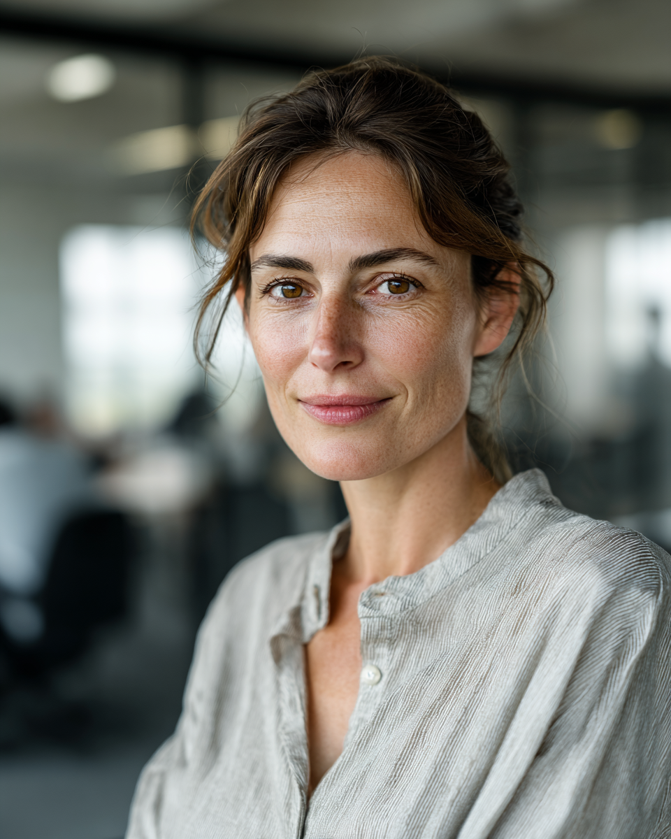 Retrato de mulher em ambiente de escritório, com camisa cinza clara texturizada. Iluminação suave destaca expressões faciais naturais e fundo desfocado cria profundidade.