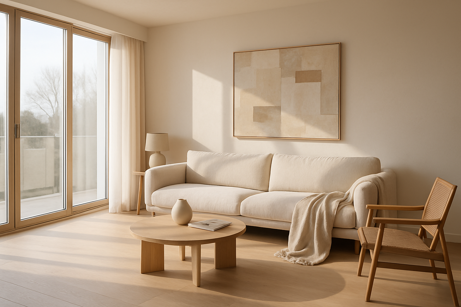 A minimalist living room features a cream-colored sofa adorned with a soft throw