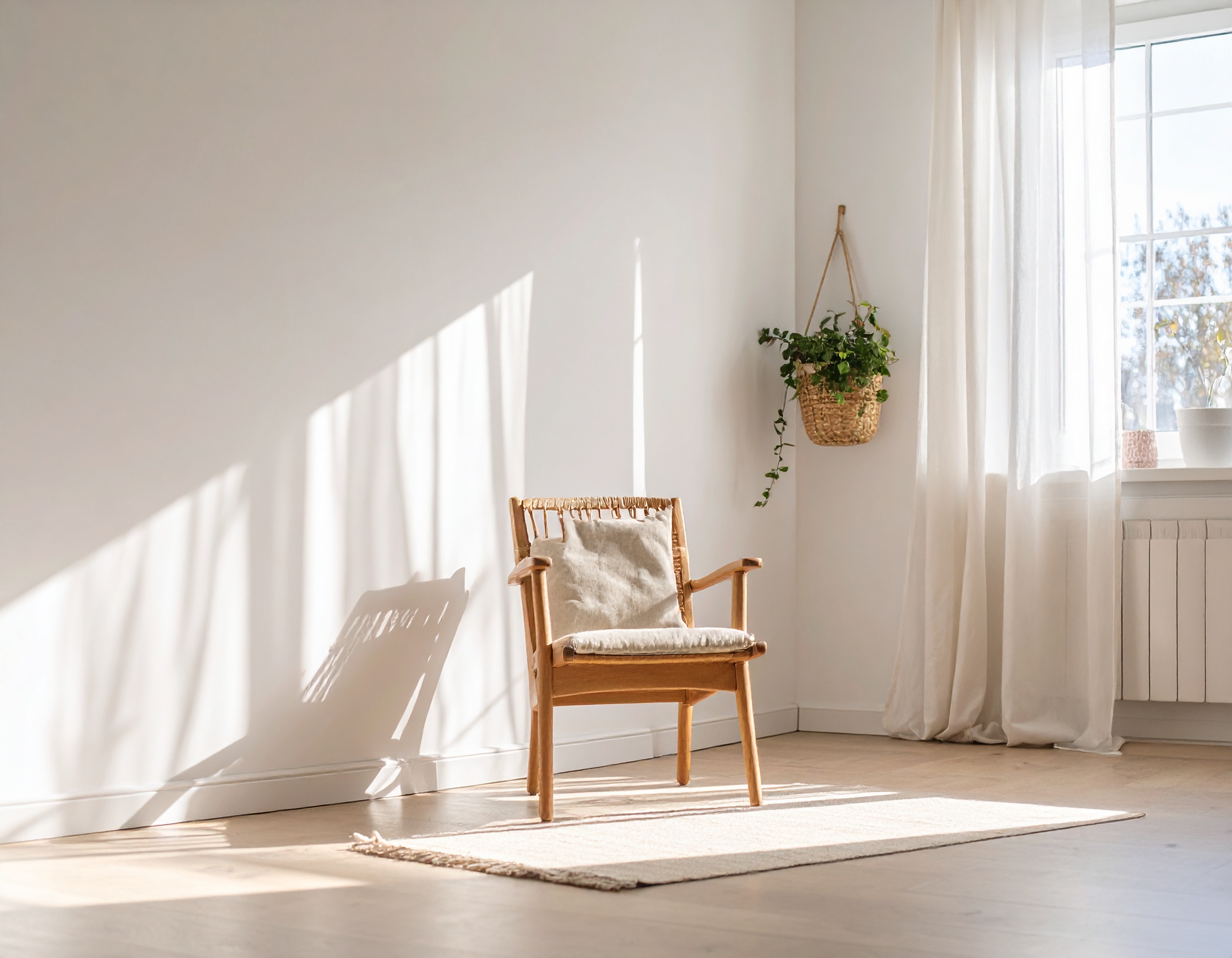 A wooden chair with a neutral cushion sits gracefully in a sunlit room