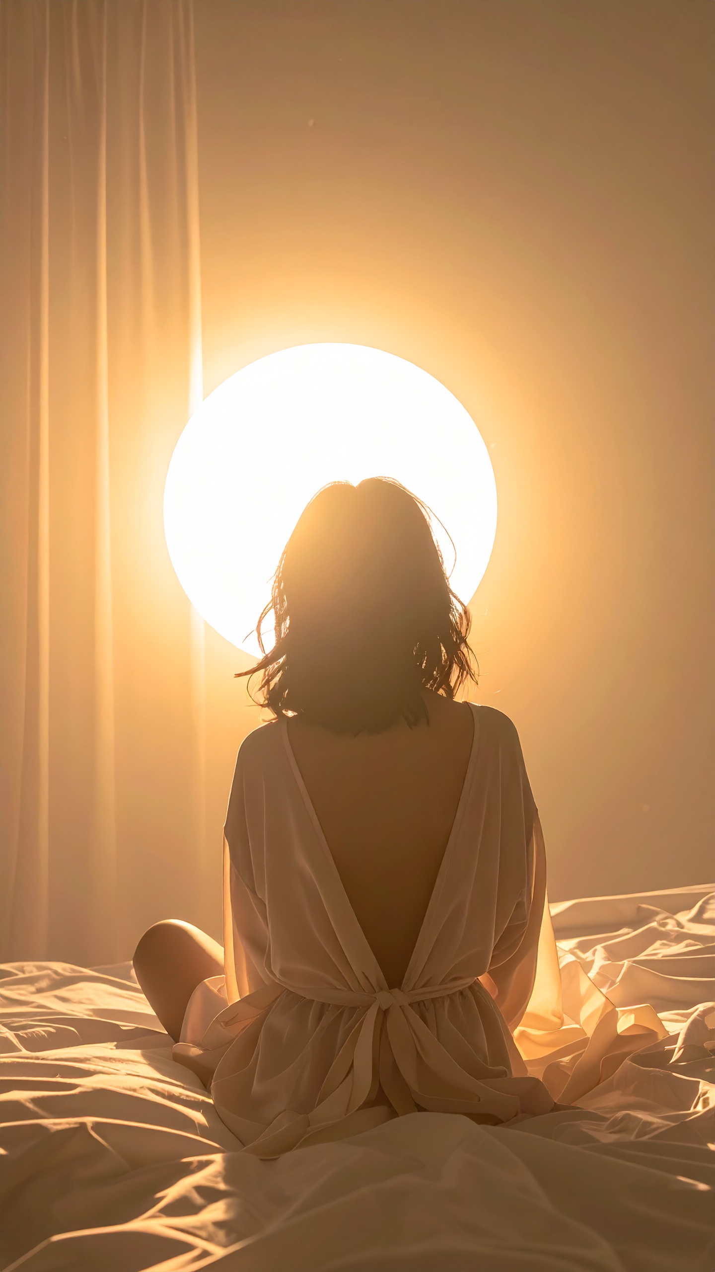 A woman sits on a bed bathed in warm, golden sunlight, facing a glowing orb that resembles the sun