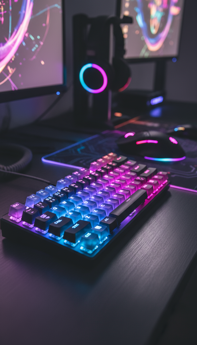Gaming Setup with RGB Mechanical Keyboard and Dual Monitors