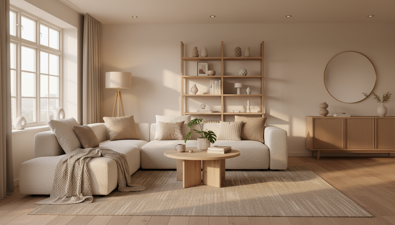Sala de estar elegante e minimalista com sofá bege, mesa de centro de madeira clara e decoração escandinava, transmitindo tranquilidade e harmonia através de tons neutros e luz natural suave.