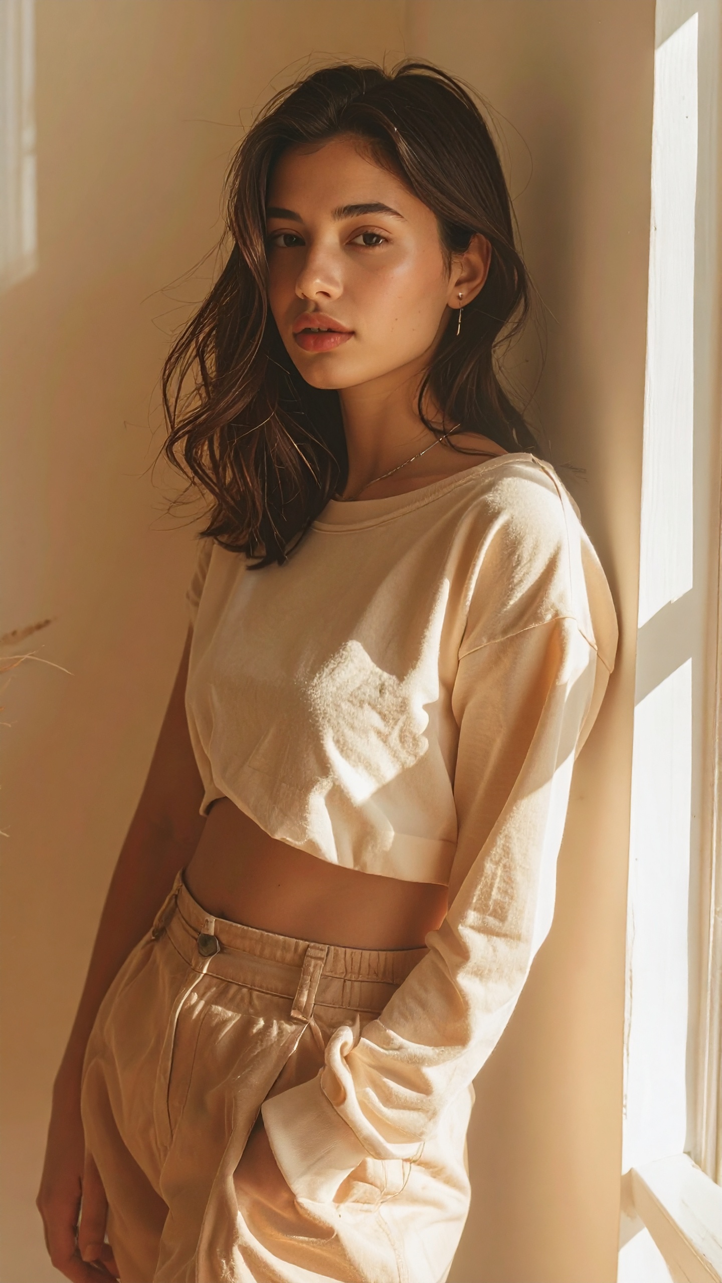 A young woman stands gracefully against a softly lit wall, wearing a casual cream outfit