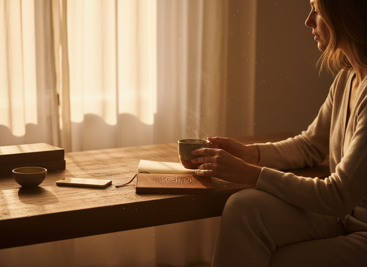A woman enjoys a serene moment with a warm cup of tea in a cozy setting
