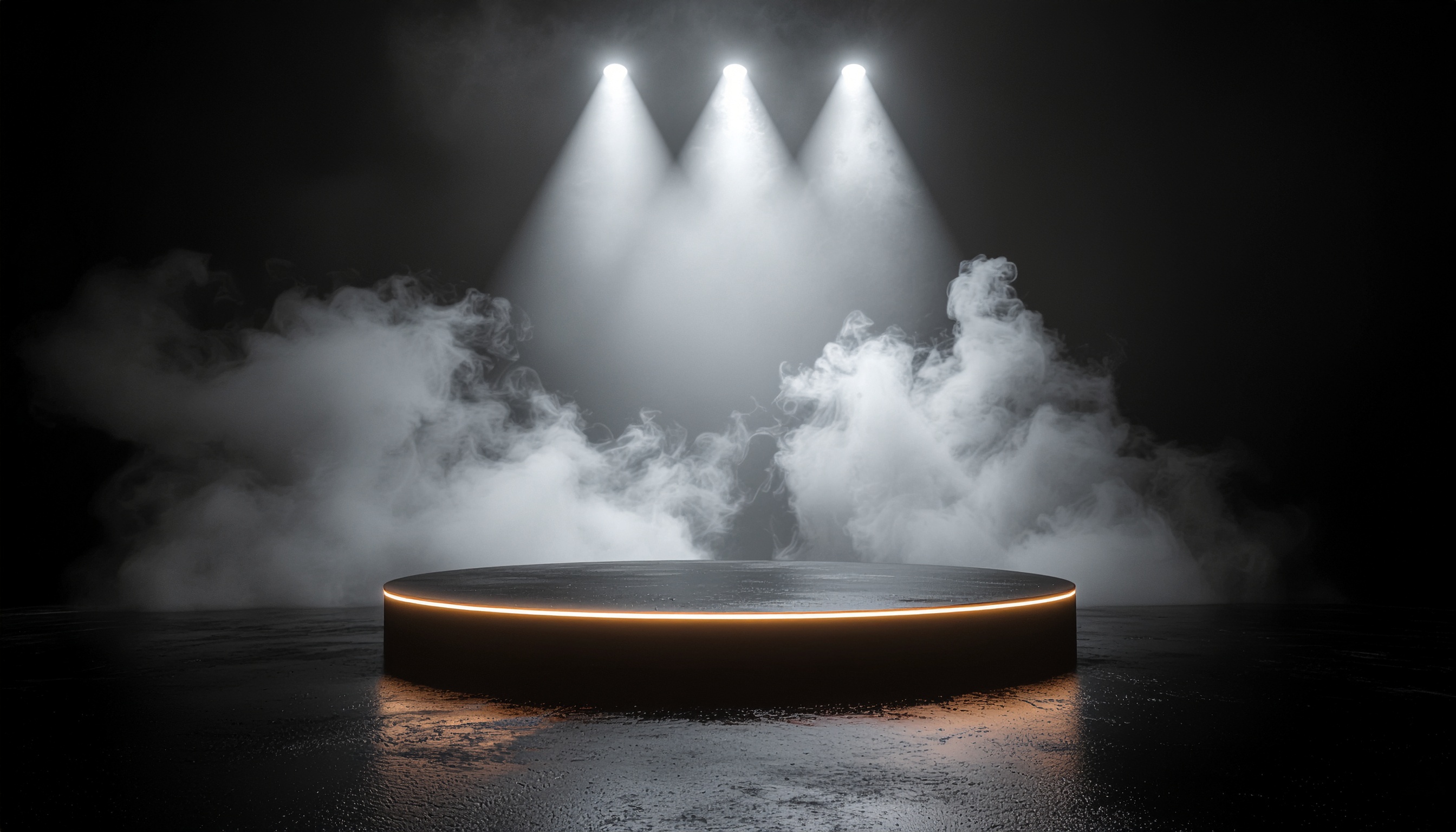 Um palco circular iluminado por três holofotes em um ambiente escuro, envolto em fumaça densa, criando uma atmosfera dramática e misteriosa.