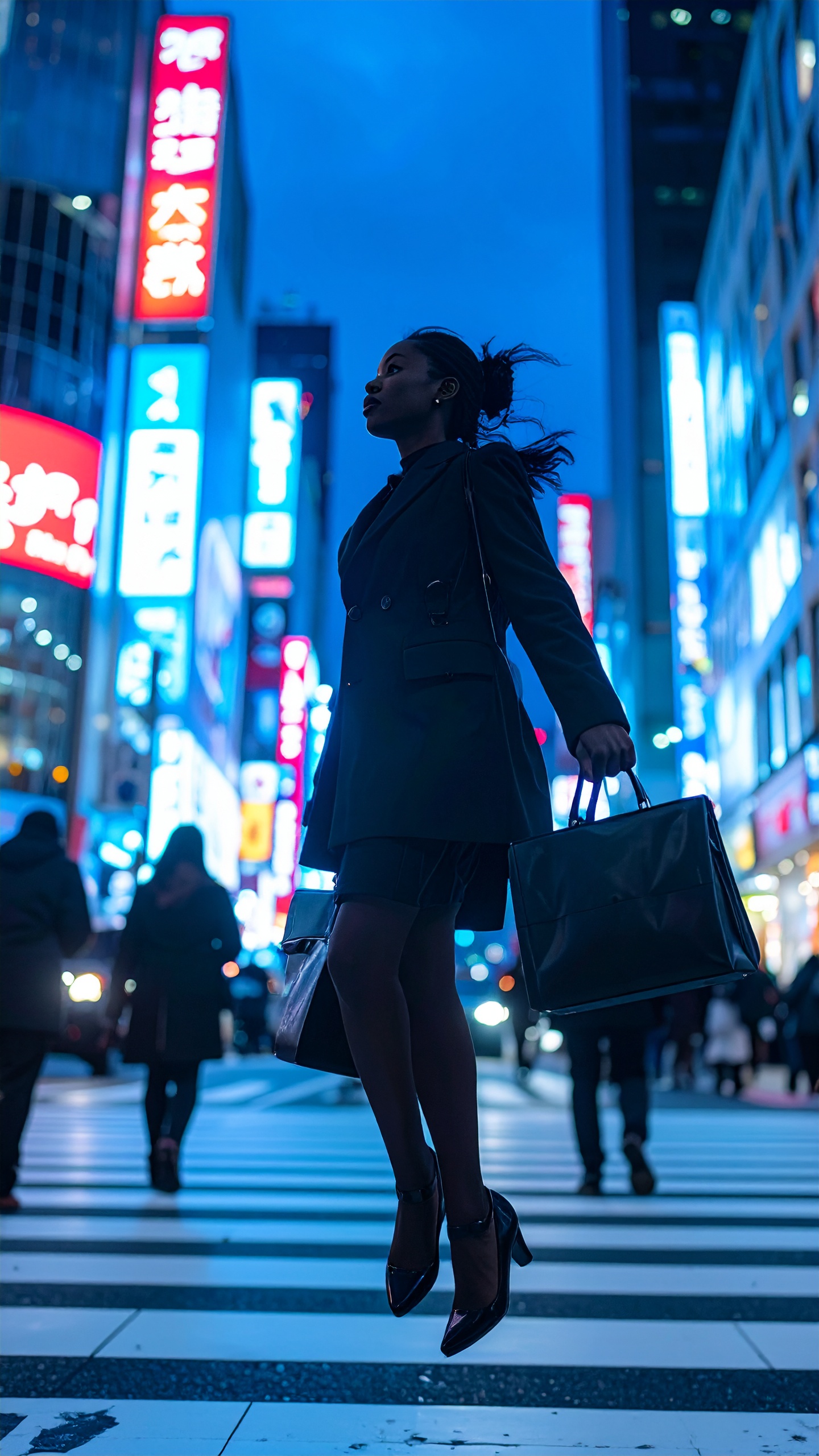 A stylish woman jumps in a vibrant cityscape, holding shopping bags