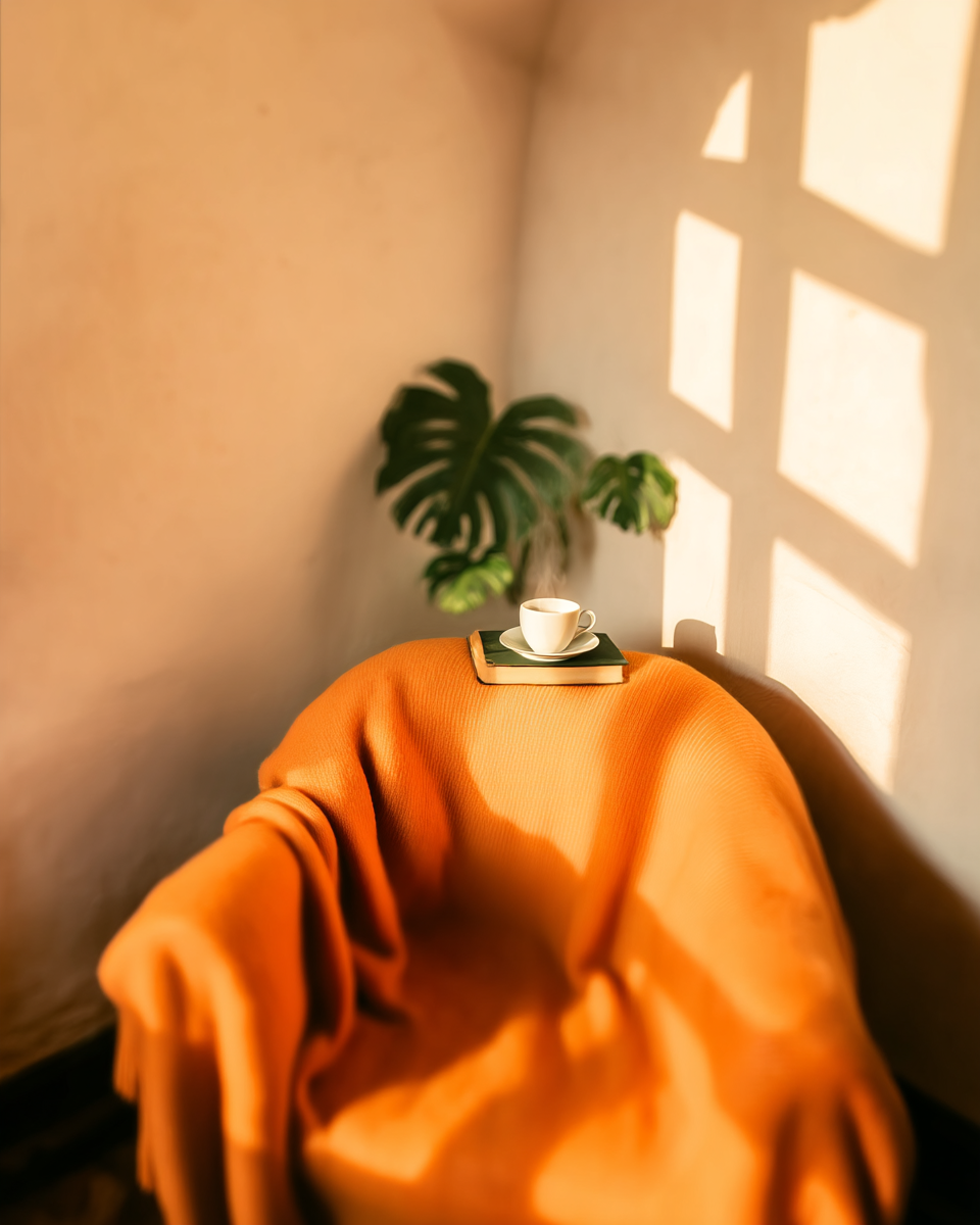 Cadeira coberta com manta laranja, iluminada por luz suave de janela projetando sombras geométricas na parede. Xícara de café e livro sobre a cadeira, criando atmosfera aconchegante e tranquila.