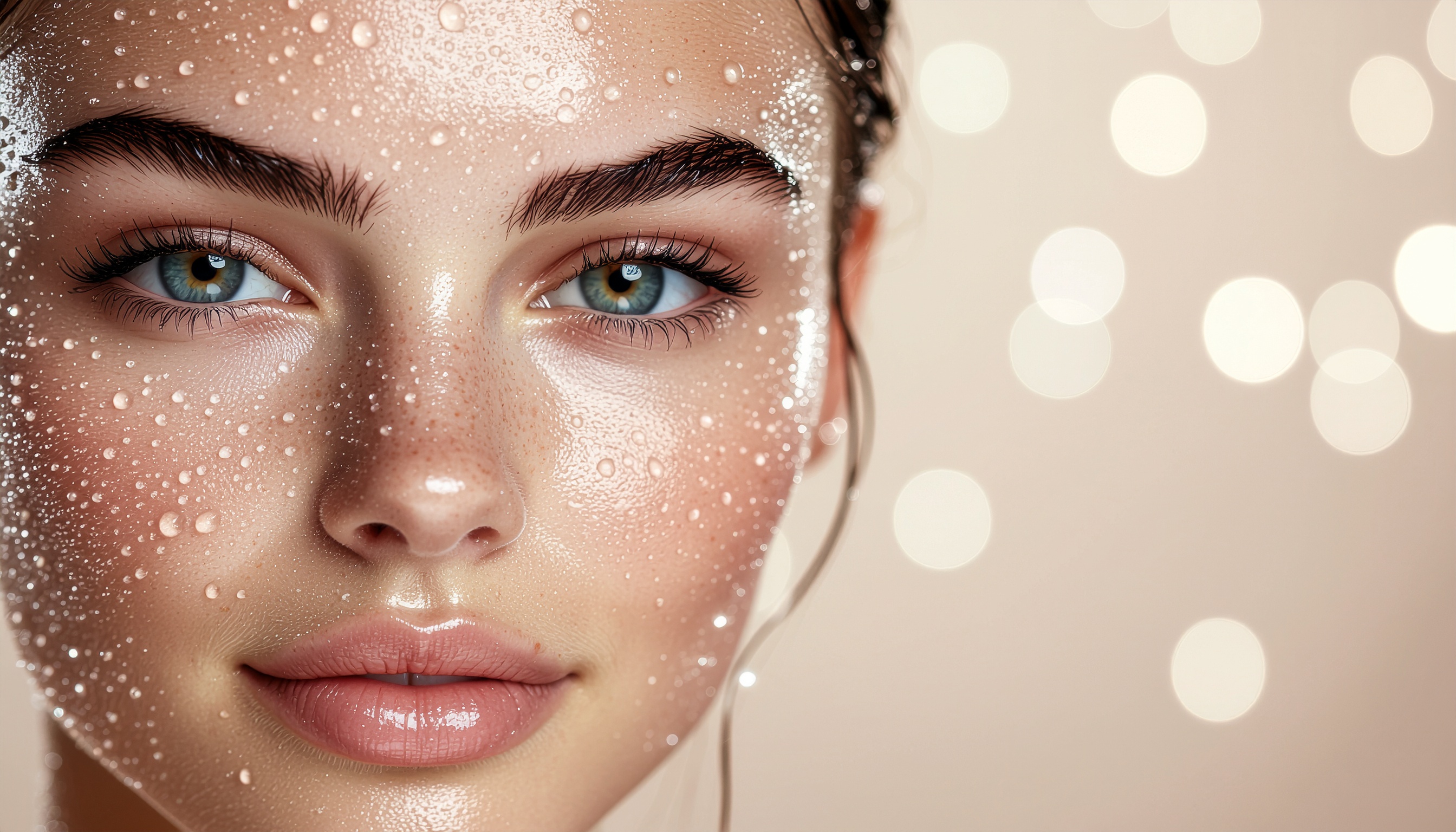 Close-up de um rosto feminino adornado com gotas de água. A composição destaca olhos azuis penetrantes e pele brilhante sob iluminação suave. Fundo desfocado com bokeh, criando uma atmosfera etérea e sofisticada.