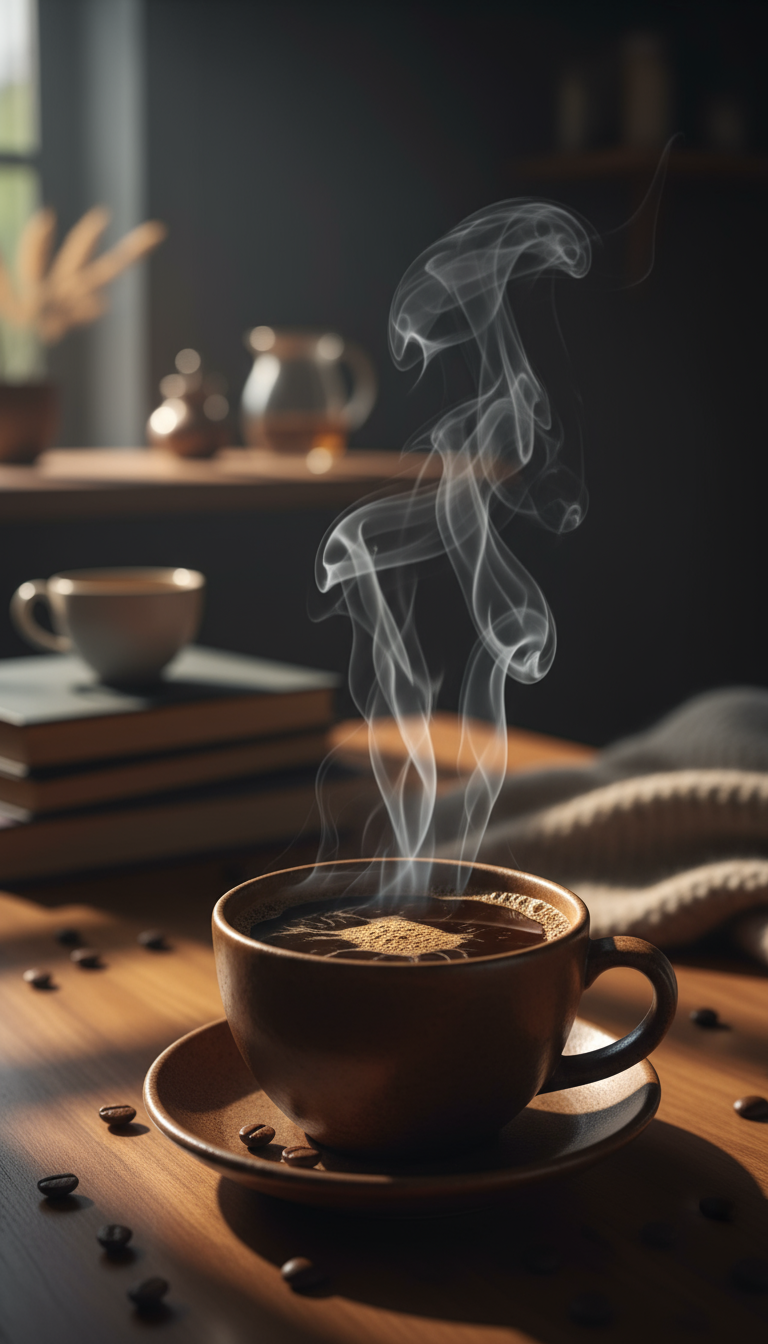 A steaming cup of coffee sits invitingly on a wooden table surrounded by scattered coffee beans