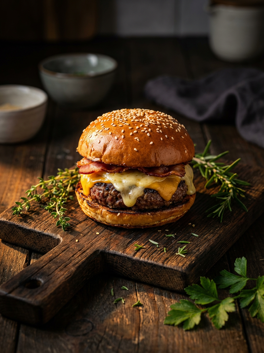 A gourmet cheeseburger sits enticingly on a rustic wooden board