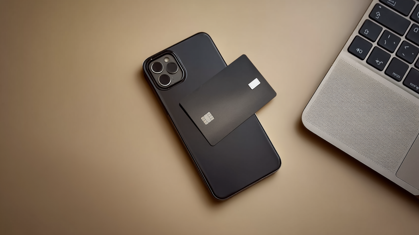Imagem minimalista com smartphone preto, cartão de crédito sobre ele e laptop parcialmente visível em fundo bege suave, iluminado de forma uniforme. A composição destaca a tecnologia moderna e a simplicidade, com foco nítido em todos os elementos e disposição simétrica. O cenário transmite um ambiente de trabalho elegante e organizado.