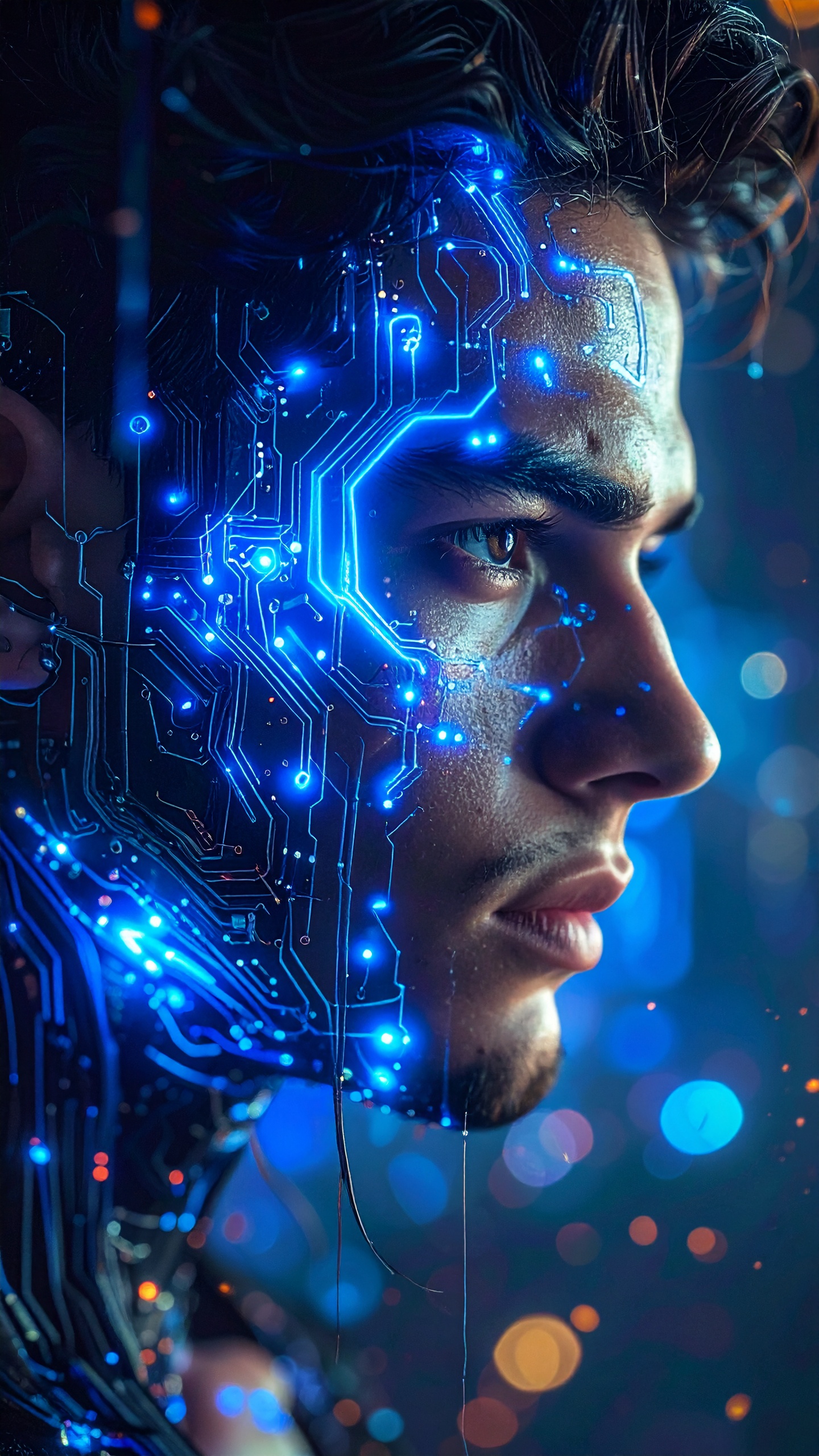 Imagem de perfil de um homem com elementos de circuitos eletrônicos azuis brilhantes cobrindo parte de seu rosto. A composição futurista e cibernética é destacada pela iluminação intensa e detalhista, criando uma atmosfera de ficção científica. O fundo apresenta bokeh azul e laranja, adicionando profundidade e foco ao retrato.