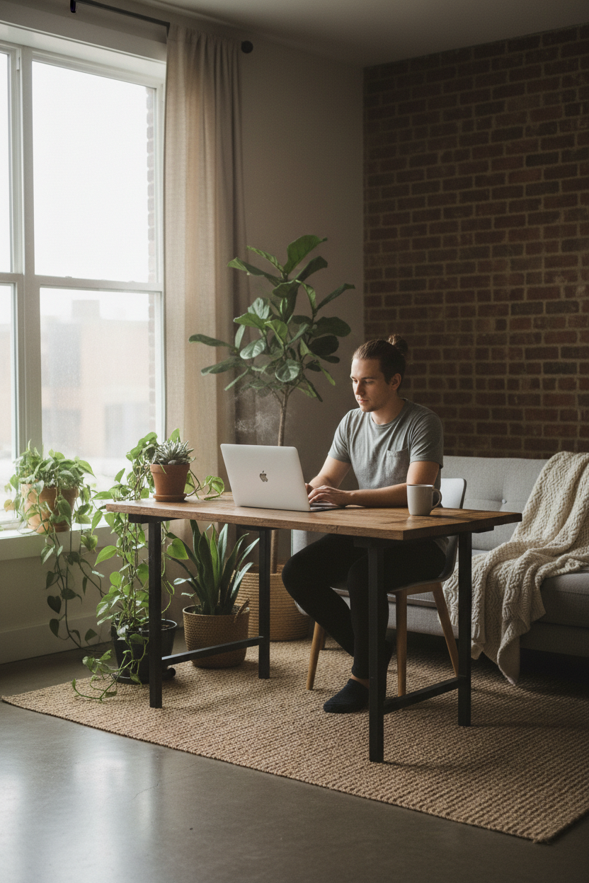 A man works on a laptop in a cozy home office with a modern, minimalist design