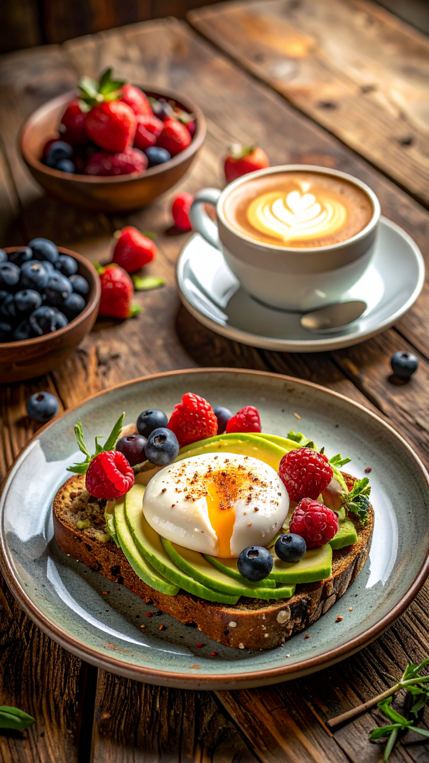 A delicious breakfast featuring avocado toast topped with a perfectly poached egg and fresh berries