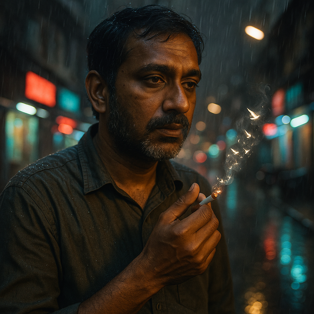 A man stands in a dimly lit street, holding a lit cigarette with a contemplative expression