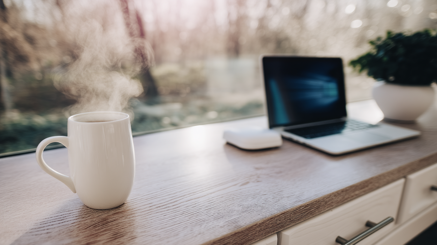 Ambiente de trabalho iluminado pelo sol com xícara branca fumegante em primeiro plano, laptop, planta e janela com vista para floresta desfocada.