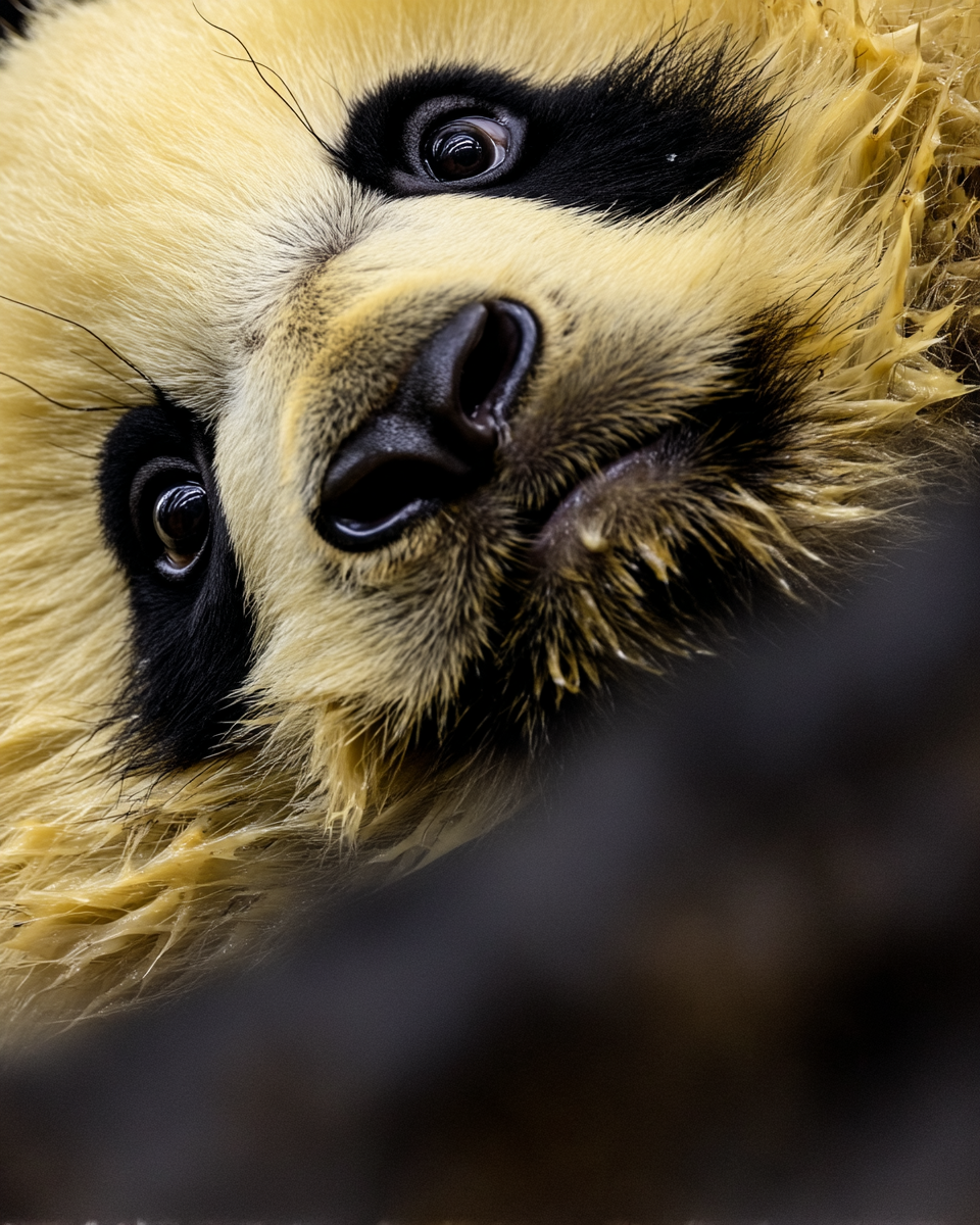 Close-up de um panda gigante com foco intenso no rosto, destacando sua pelagem preta e branca característica. A iluminação suave realça a textura do pelo, enquanto o ângulo próximo cria uma sensação de intimidade e curiosidade. A composição enfatiza os olhos expressivos do animal e o contraste entre as cores vivas e o fundo desfocado, adicionando profundidade à imagem.