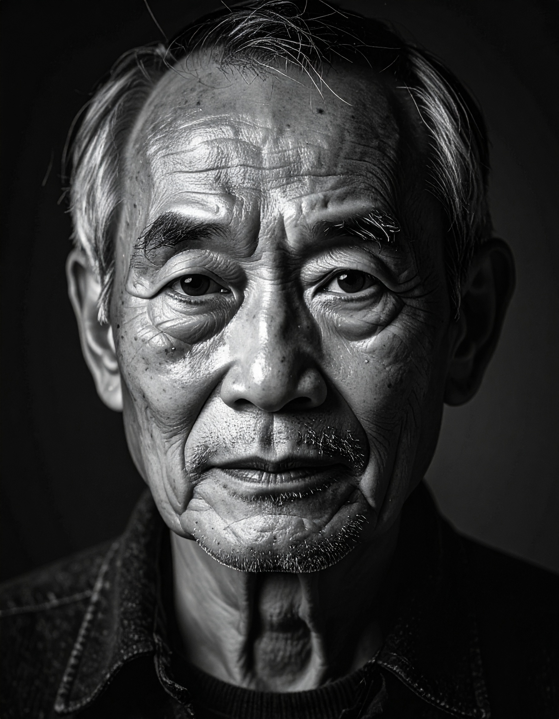 Close-up black and white portrait of an elderly man with a thoughtful expression