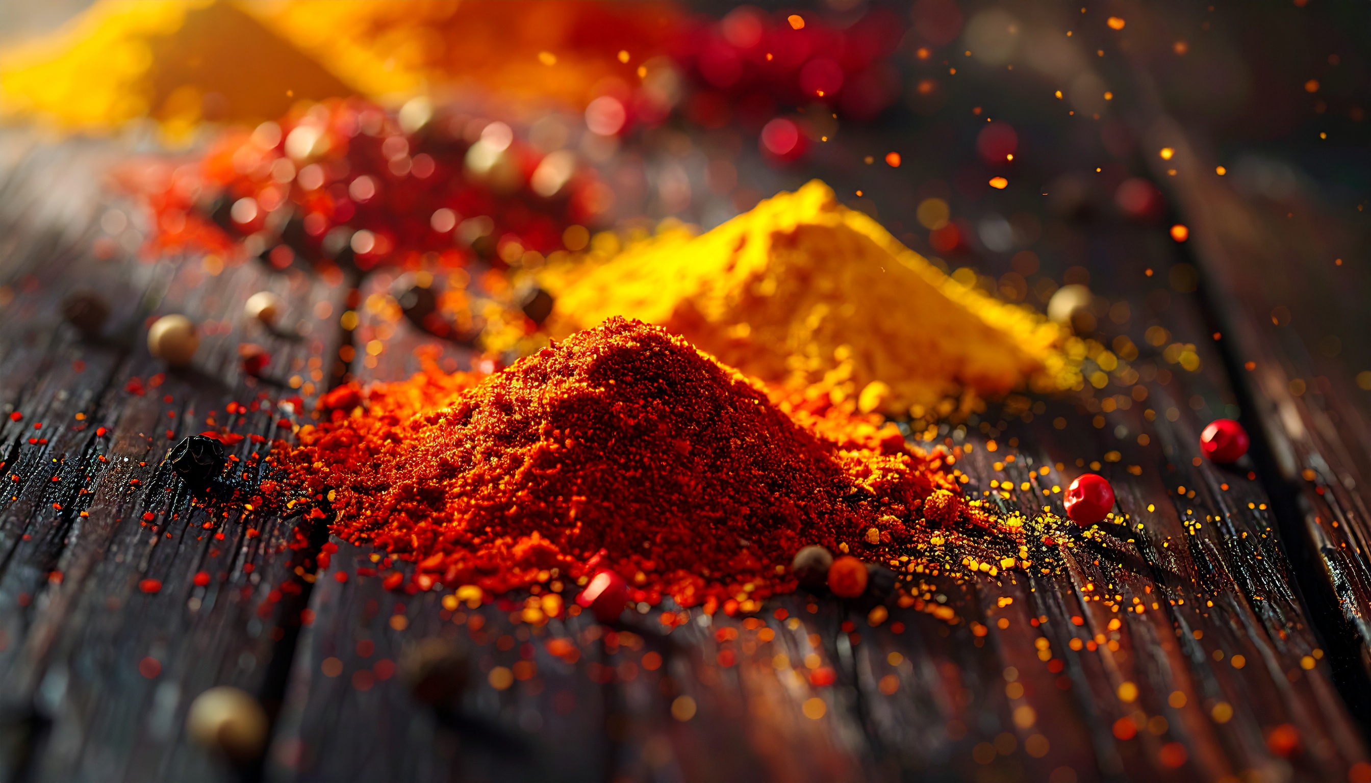 Montes de especiarias vibrantes, com cúrcuma amarela e páprica vermelha sobre uma superfície de madeira envelhecida, iluminados por luz suave que realça as texturas e cores, criando um ambiente de rusticidade e calor, com um foco seletivo que destaca os detalhes enquanto o fundo vai desfocando gradualmente.