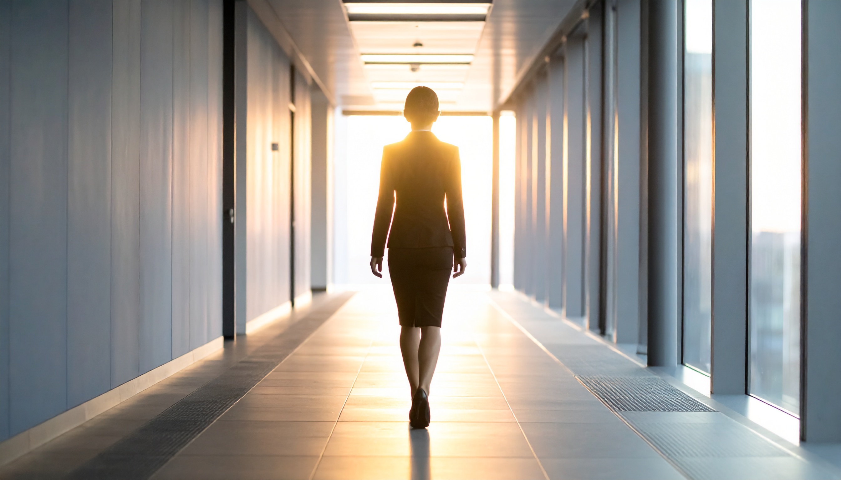 Silhueta de uma mulher caminhando por um corredor iluminado pelo sol nascente, simbolizando determinação e novos começos em um ambiente corporativo moderno.