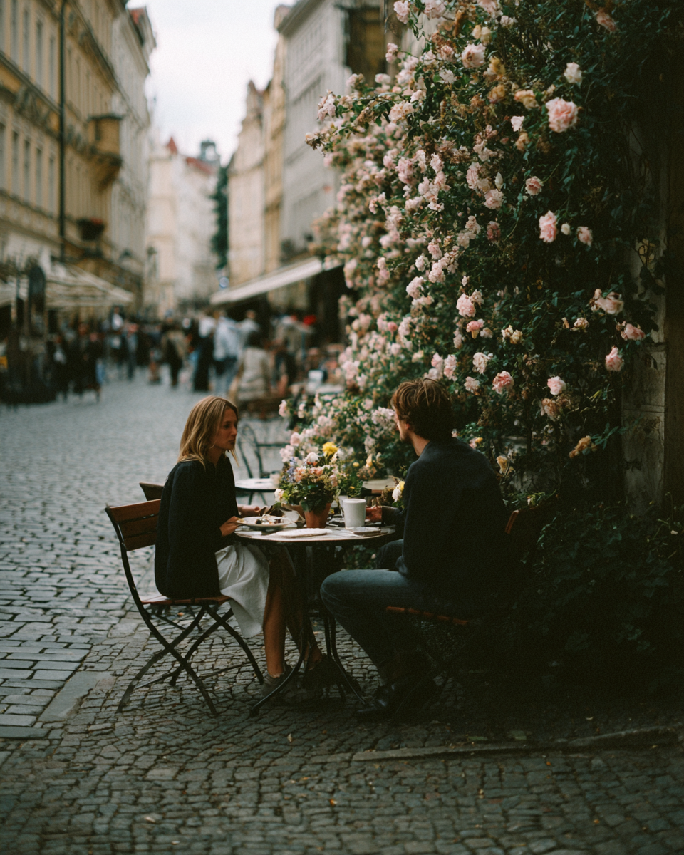 Um casal desfrutando de um café em uma charmosa rua de paralelepípedos, rodeados por flores em uma atmosfera relaxante e romântica. A cena captura a essência de um encontro em um café ao ar livre em uma cidade europeia.