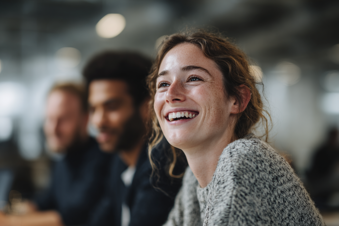 Uma jovem sorridente com cabelo cacheado e pele clara, vestindo um suéter cinza, sentada em um ambiente de escritório moderno. Ao fundo, outros dois colegas de trabalho visivelmente felizes participam de uma conversa. A imagem transmite uma atmosfera de camaradagem e colaboração no local de trabalho.