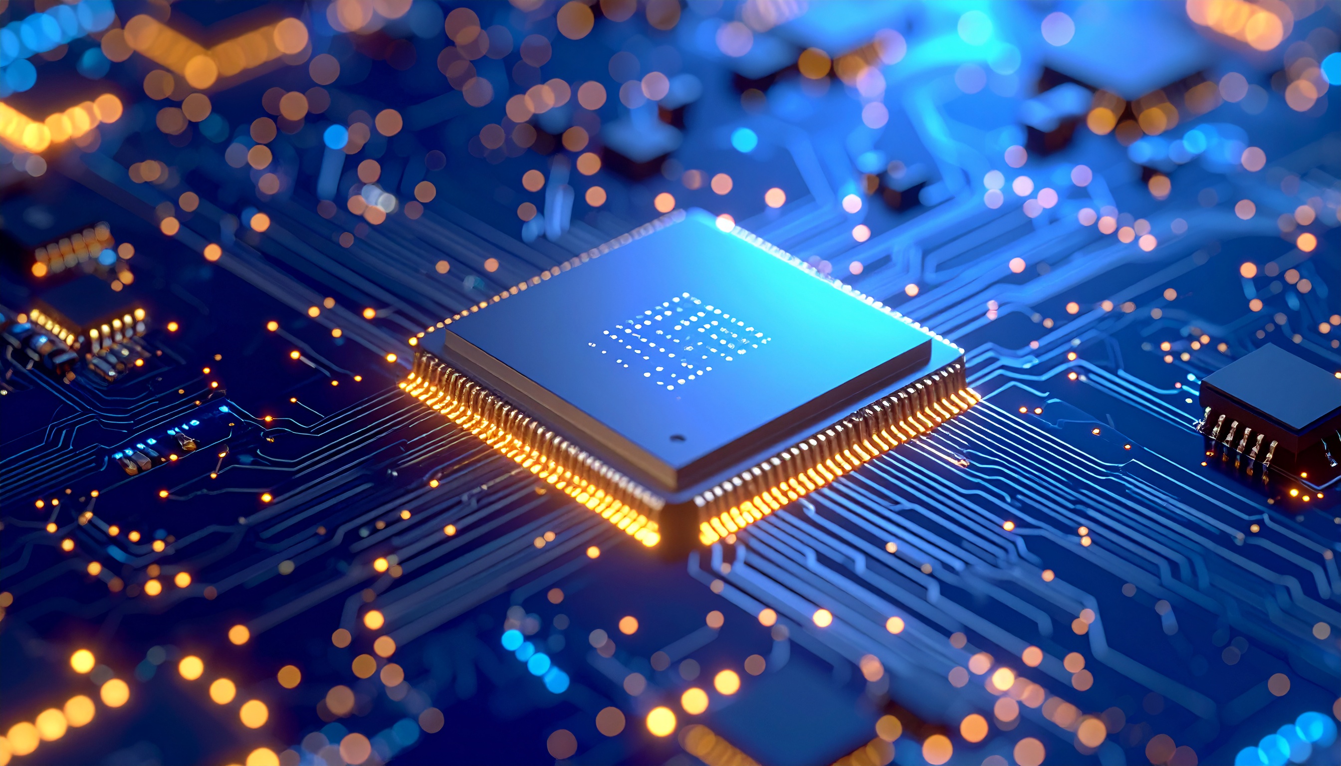 Futuristic Circuit Board with Central Blue Microchip