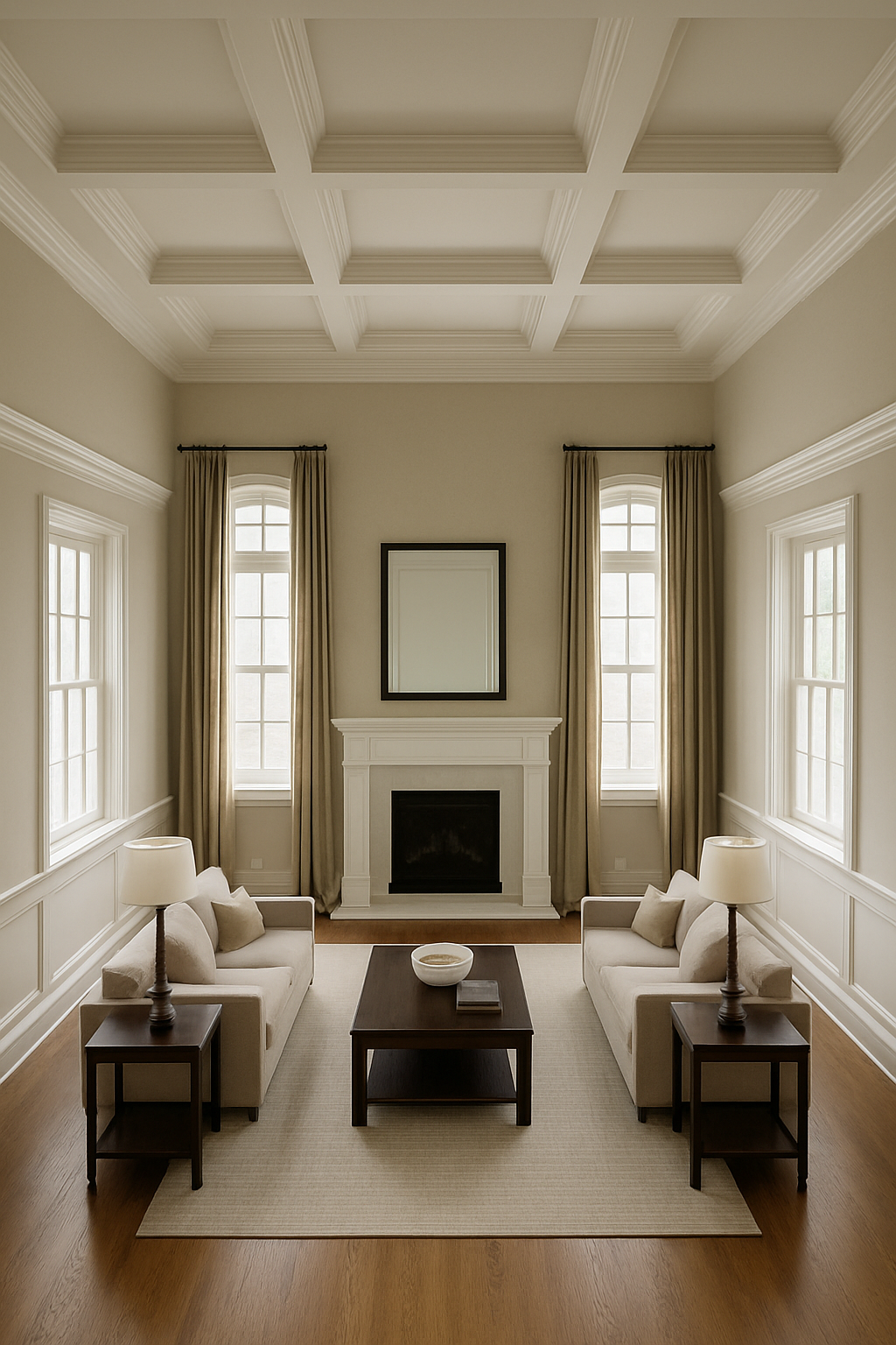 Elegant living room with neutral tones centers around a classic fireplace
