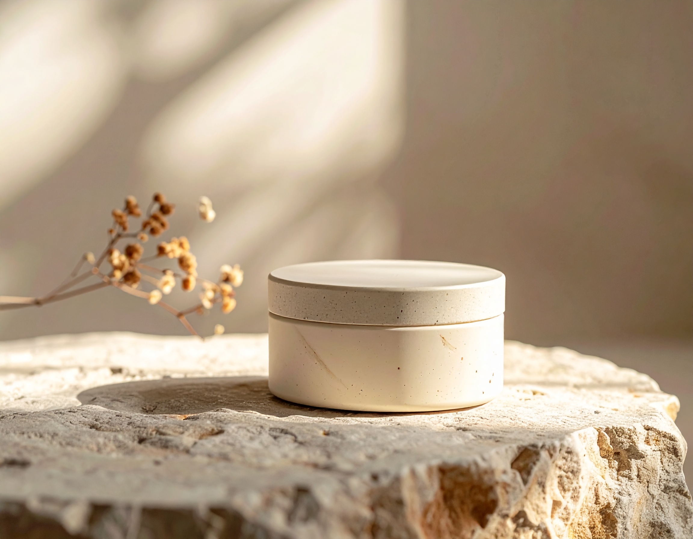 Um pote de creme bege sobre uma pedra áspera, iluminado por luz suave. Ideal para armazenar cosméticos ou produtos de cuidado pessoal de forma elegante. O design minimalista do pote e sua textura suave contrastam com a superfície rústica da pedra. Perfeito para ambientes de spa ou decoração de banheiro que buscam um toque de sofisticação natural. O elemento natural ao fundo adiciona um charme orgânico à composição.