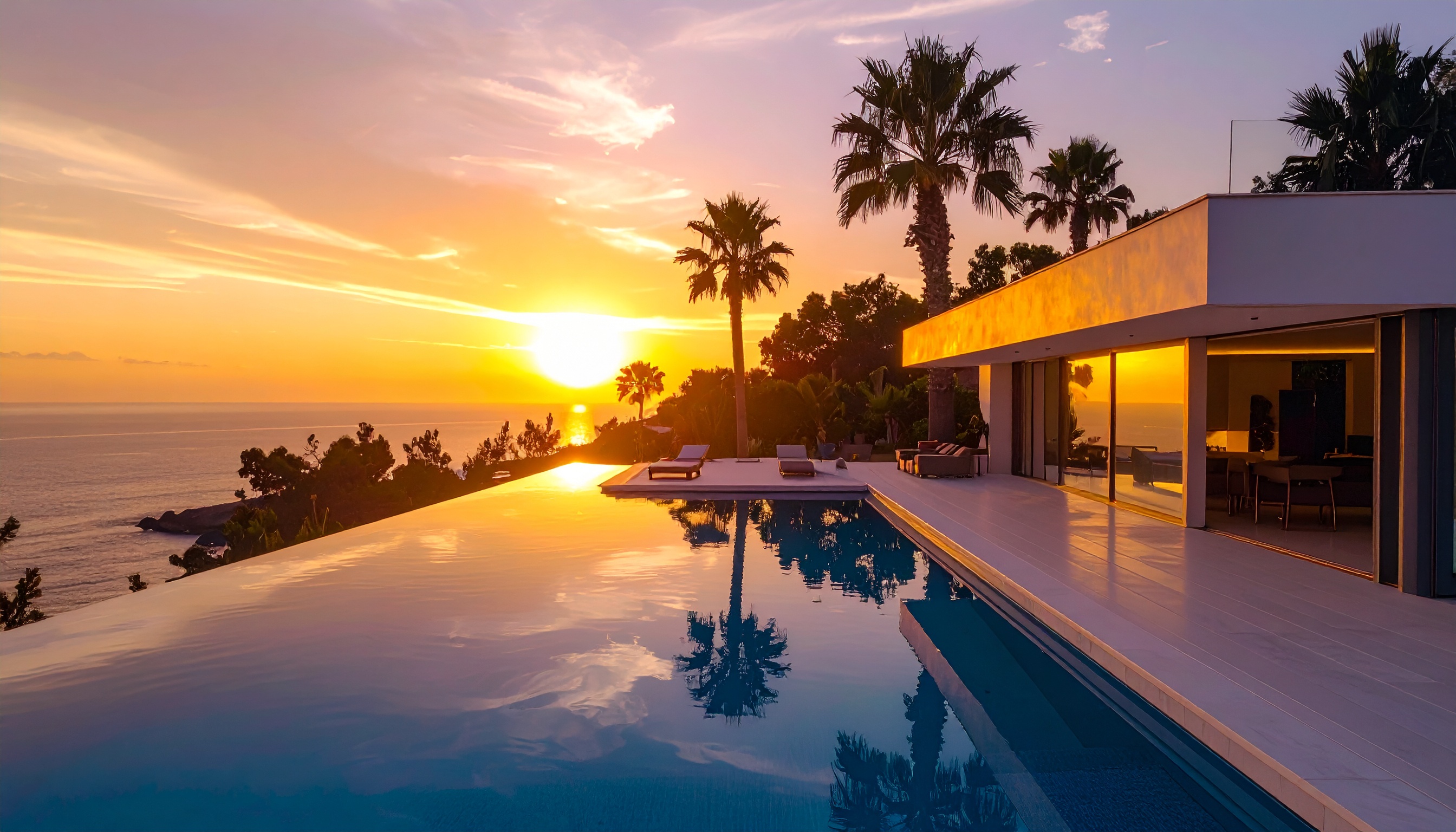 Piscina de borda infinita reflete o pôr do sol dourado sobre o oceano. Ideal para relaxamento e contemplação, este ambiente proporciona uma experiência luxuosa. Palavras-chave visuais incluem palmeiras, espreguiçadeiras e arquitetura moderna. Perfeito para momentos de lazer em finais de tarde ou eventos especiais. A combinação de natureza e design moderno oferece uma atmosfera de tranquilidade e sofisticação.