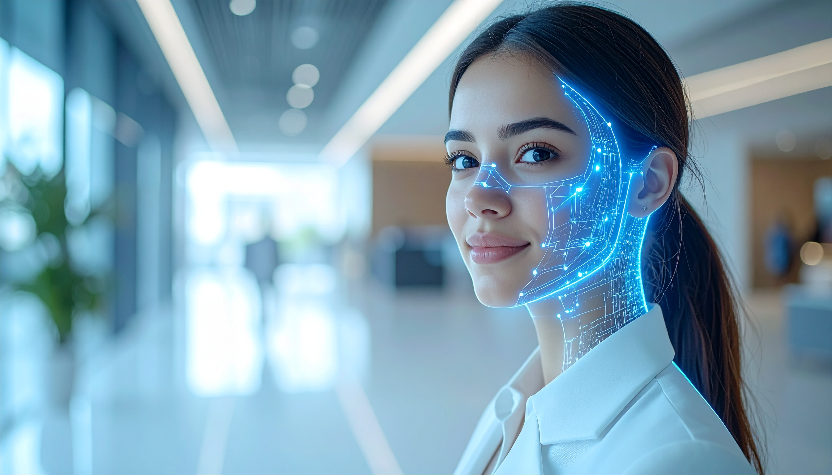 Mulher com visualização digital futurista em ambiente corporativo. Ideal para promover tecnologia de reconhecimento facial e inteligência artificial. O destaque é a sobreposição de linhas digitais azuis sobre o rosto, criando um efeito de alta tecnologia. Perfeito para feiras de tecnologia ou apresentações empresariais inovadoras. A imagem transmite modernidade e avanço tecnológico.